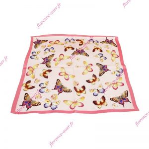 Foulard petit carré de soie rose et fuchsia papillons multicolores