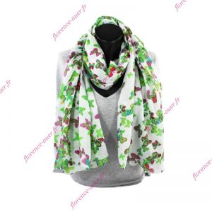 Grand foulard paréo coton blanc papillons verts et fuchsia