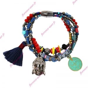 Bracelet Bouddha médaille pompon bleu 4 rangs fermoir aimanté perles multicolores fantaisie