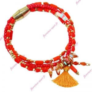 Bracelet fantaisie femme perles orange corail 4 rangs breloques pompon fermoir magnétique doré