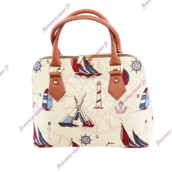 Sac à main léger tissu beige motifs nautiques simili-cuir