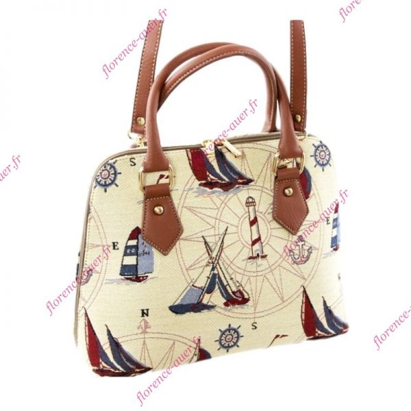 Sac à main léger tissu beige motifs nautiques simili-cuir