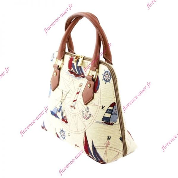 Sac à main léger tissu beige motifs nautiques simili-cuir