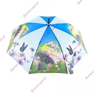 Parapluie long canne bleu papillons fleurs