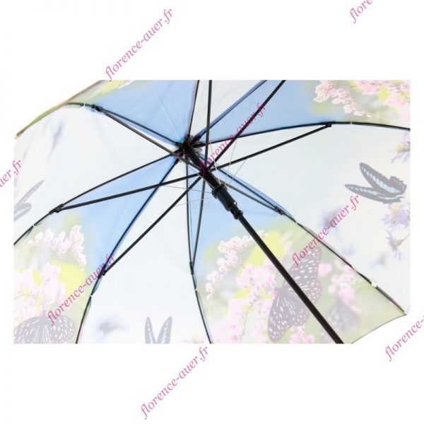 Parapluie long canne bleu papillons fleurs