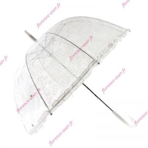 Parapluie long canne transparent blanc dentelle roses cœurs