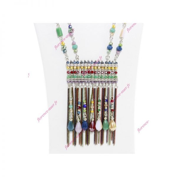 Sautoir collier long mode perles franges chaînettes multicolores tendance