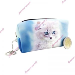 Porte-monnaie chat blanc yeux bleus tissu zip mini trousse