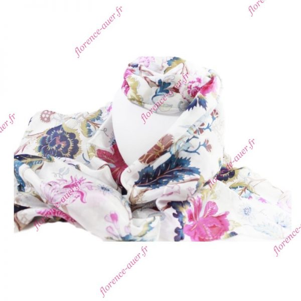 Étole en soie blanche grandes fleurs roses de tapisserie paréo