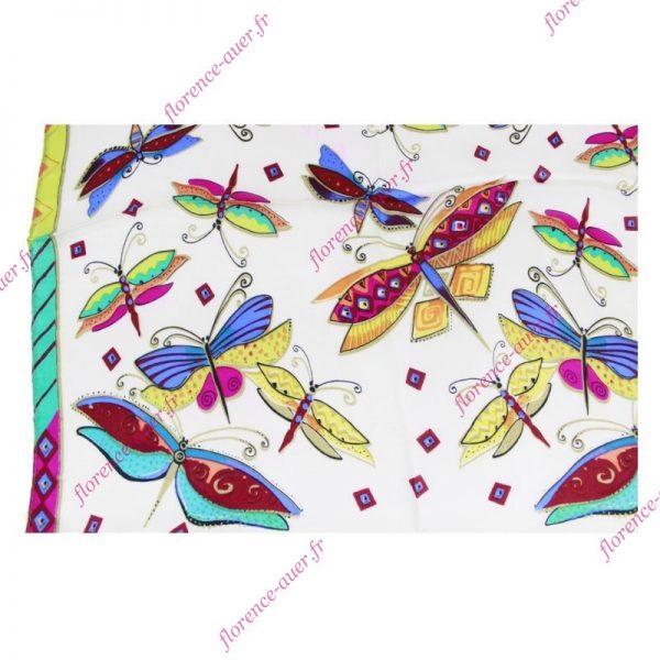 Foulard petit carré de soie ivoire papillons libellules