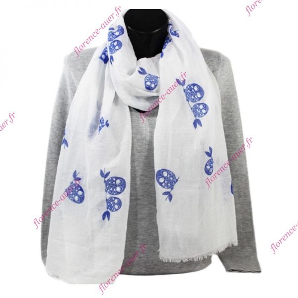 Grand foulard blanc chouettes bleu royal paréo
