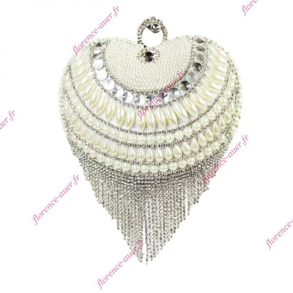 Sac de soirée mariage minaudière cœur blanc argenté franges tissu brillant perles nacrées blanches simili-diamant-cristal-strass