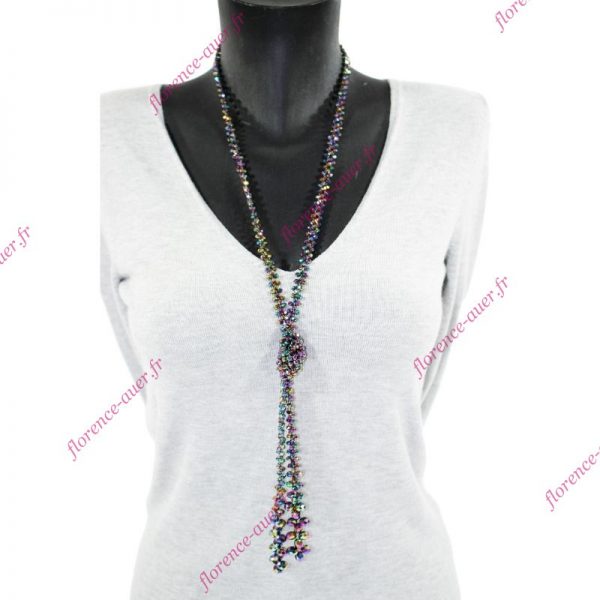 Grand collier nœud de perles facettes brillantes multicolores irisées