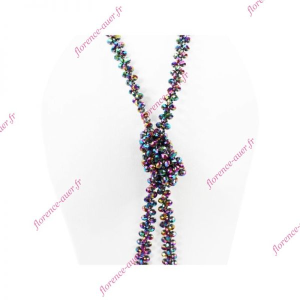 Grand collier nœud de perles facettes brillantes multicolores irisées