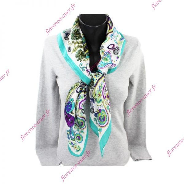 Foulard grand carré de soie blanc vert turquoise fleurs arabesques liseré