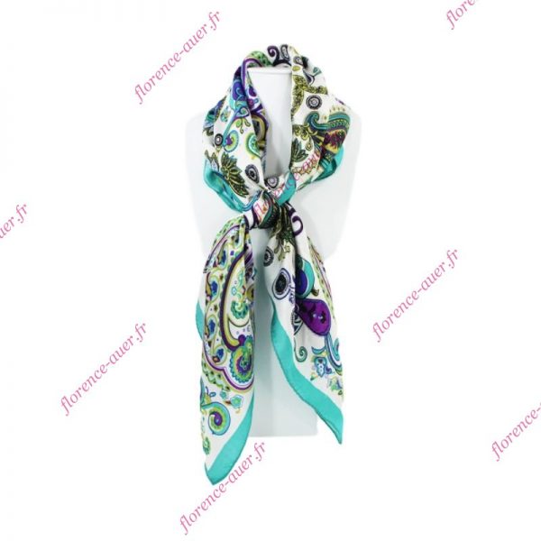 Foulard grand carré de soie blanc vert turquoise fleurs arabesques liseré