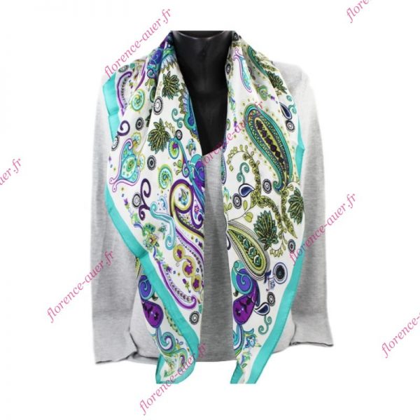 Foulard grand carré de soie blanc vert turquoise fleurs arabesques liseré