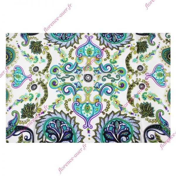 Foulard grand carré de soie blanc vert turquoise fleurs arabesques liseré