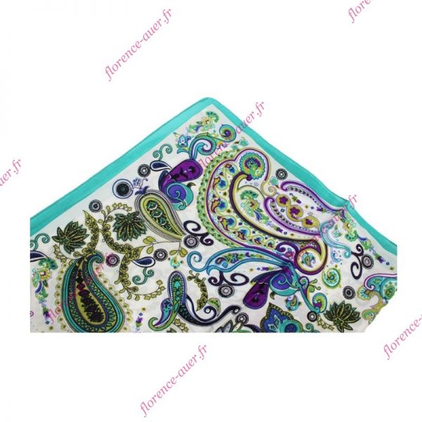 Foulard grand carré de soie blanc vert turquoise fleurs arabesques liseré