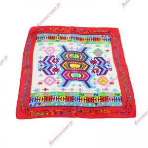 Foulard petit carré de soie blanc liseré rouge motif tribal-ethnique multicolore