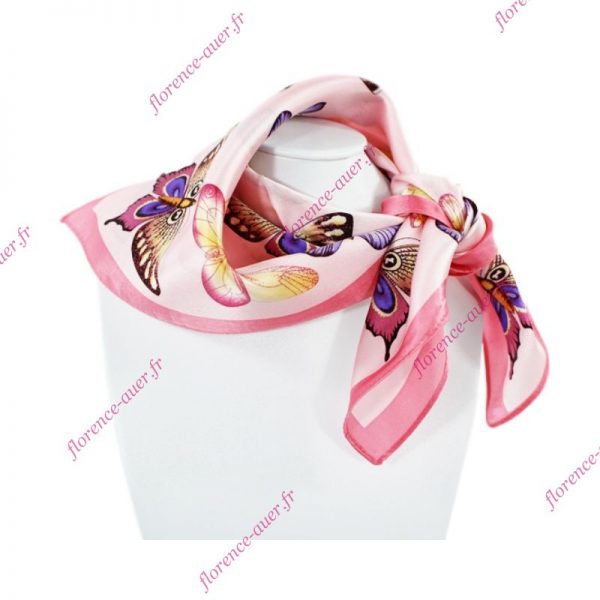 Foulard petit carré de soie rose et fuchsia papillons multicolores