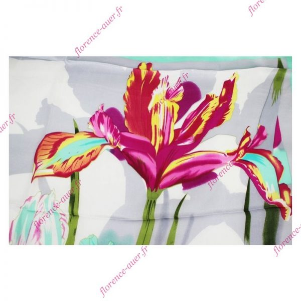 Foulard grand carré soie zen pivoines iris orchidées