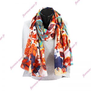 Grand foulard paréo blanc orange fleurs et geisha japonaise coton