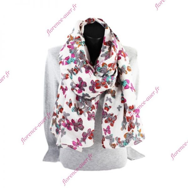 Grand foulard paréo coton blanc papillons gris et fuchsia