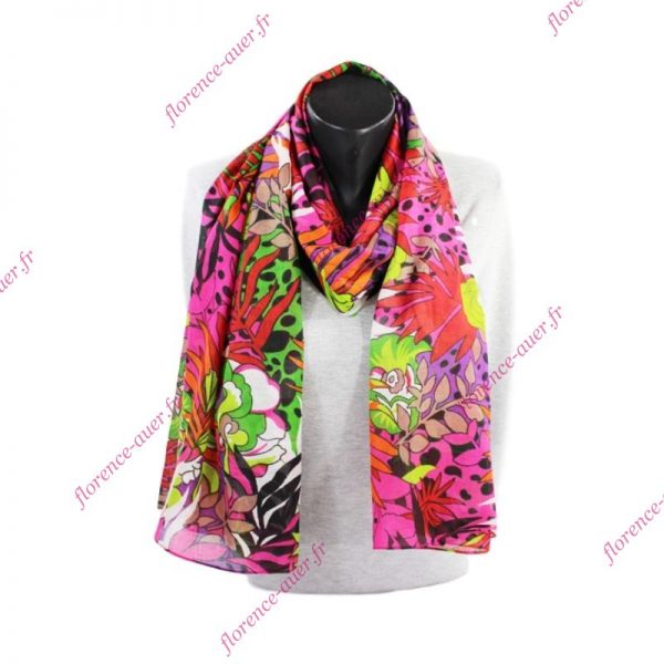 Grand foulard paréo multicolore fond rose fleurs exotiques coton