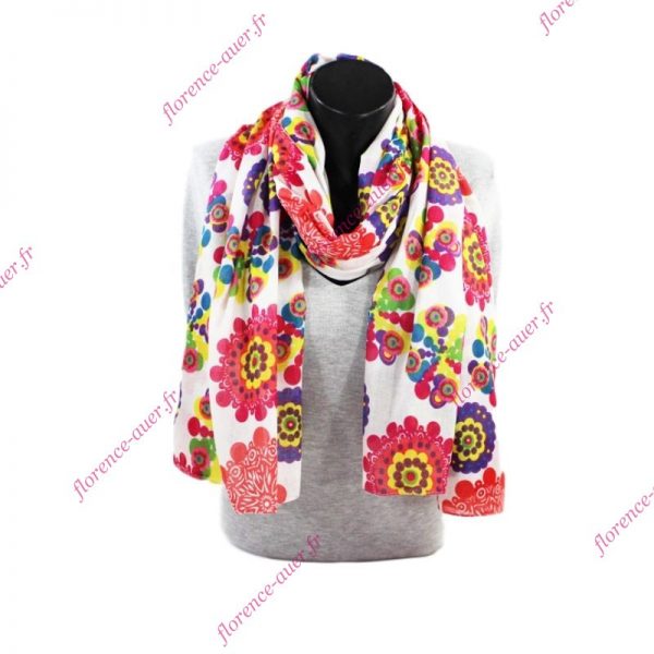 Grand foulard paréo blanc cercles disques fuchsia et multicolores coton