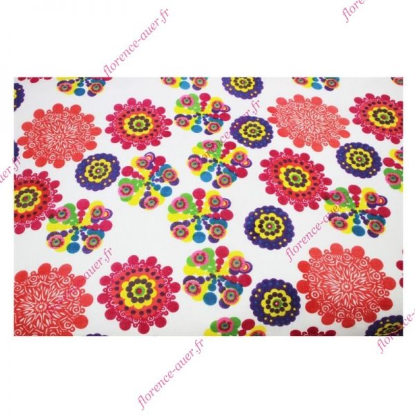 Grand foulard paréo blanc cercles disques fuchsia et multicolores coton