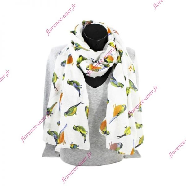 Grand foulard blanc paréo oiseaux vert jaune orange noir ardoise