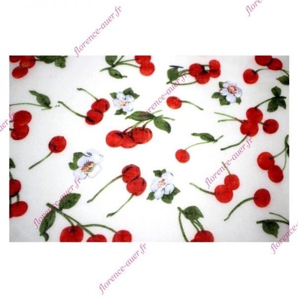 Grand foulard fond beige belles cerises rouge orangé fleurs cerisier