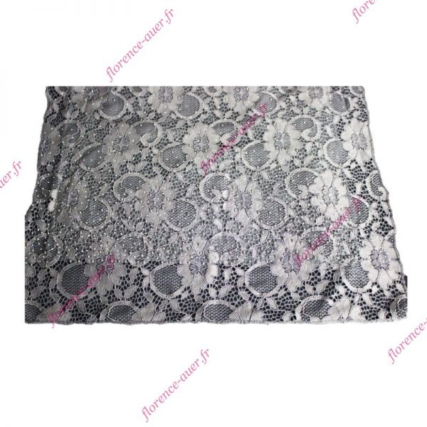 Grand foulard belle dentelle doublée gris foncé rosé fleurs arabesques strass blancs gris