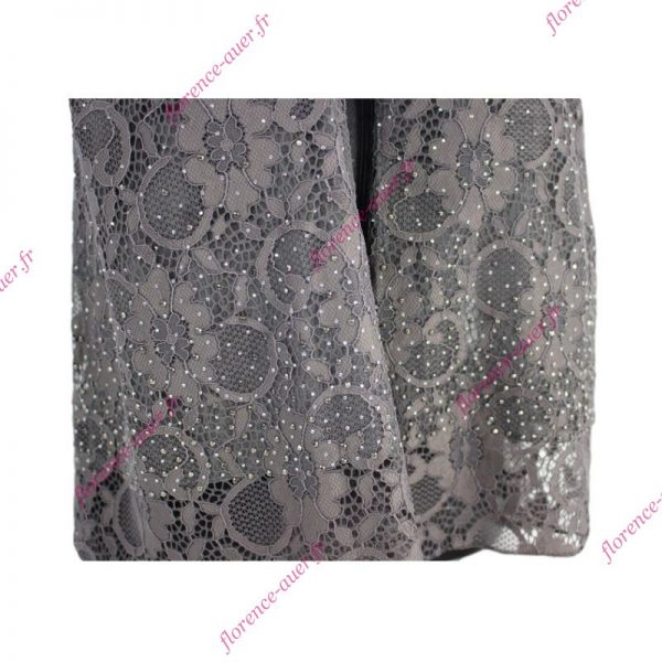 Grand foulard belle dentelle doublée gris foncé rosé fleurs arabesques strass blancs gris
