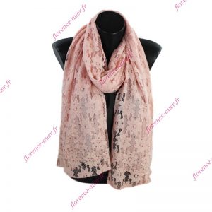 Grand foulard rose dentelle fleurie doublée strass blancs gris