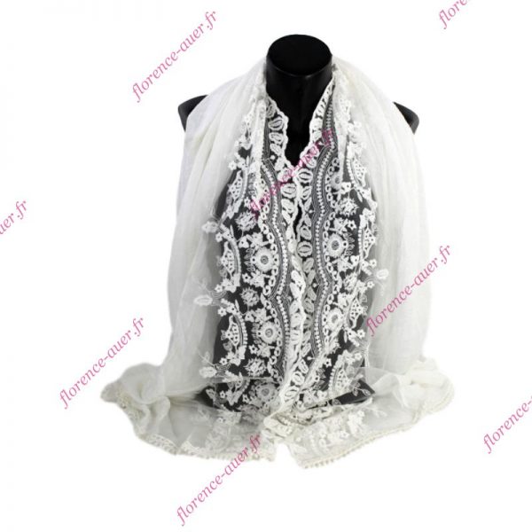 Grand foulard romantique étole châle ivoire large bande de dentelle fleurie