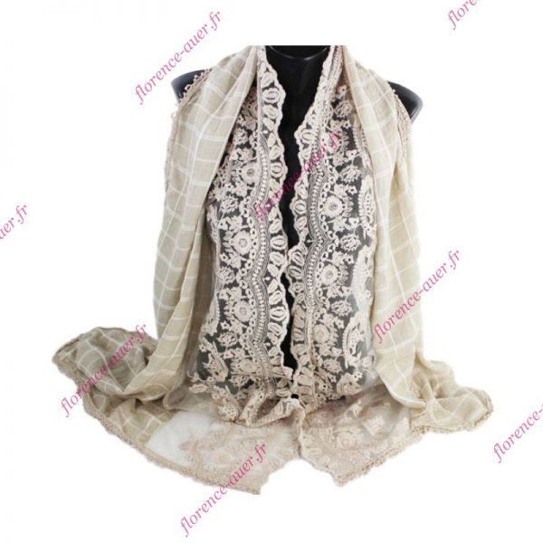 Grand foulard romantique étole châle savane large bande de dentelle fleurie