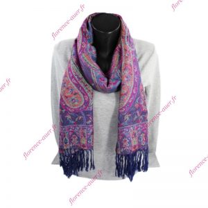 Grand foulard-écharpe violet et multicolore motif cachemire indien arabesques et fleurs