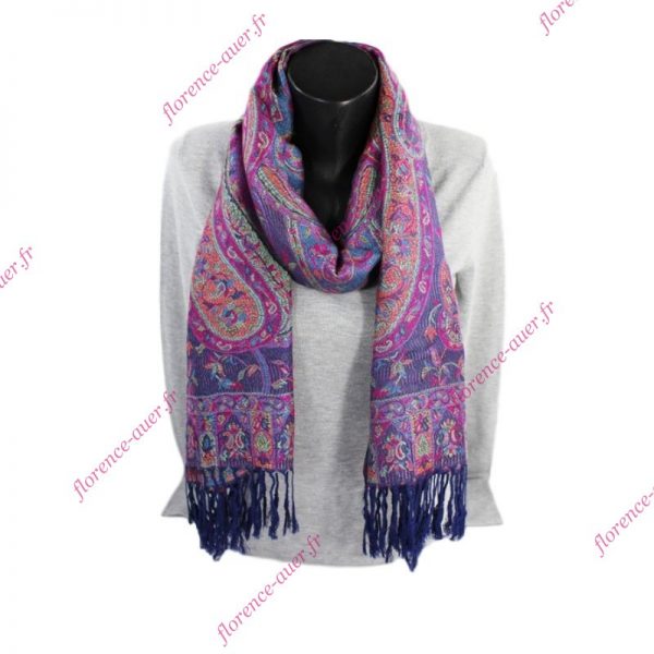 Grand foulard-écharpe violet et multicolore motif cachemire indien arabesques et fleurs
