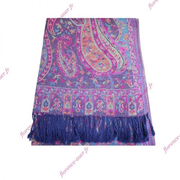 Grand foulard-écharpe violet et multicolore motif cachemire indien arabesques et fleurs