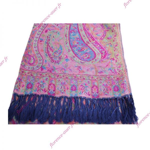 Grand foulard-écharpe violet et multicolore motif cachemire indien arabesques et fleurs