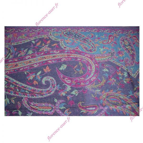 Grand foulard-écharpe violet et multicolore motif cachemire indien arabesques et fleurs