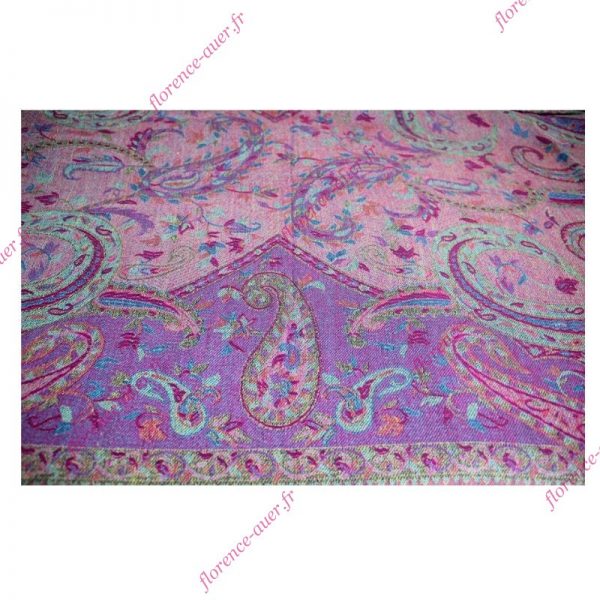 Grand foulard-écharpe violet et multicolore motif cachemire indien arabesques et fleurs