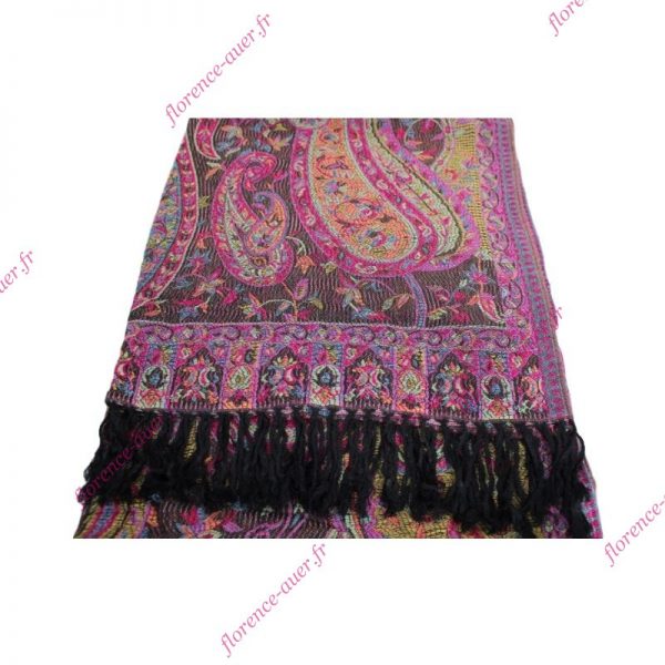 Grand foulard-écharpe noir et multicolore motif cachemire indien arabesques et fleurs