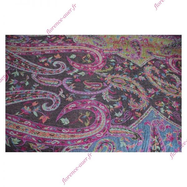 Grand foulard-écharpe noir et multicolore motif cachemire indien arabesques et fleurs