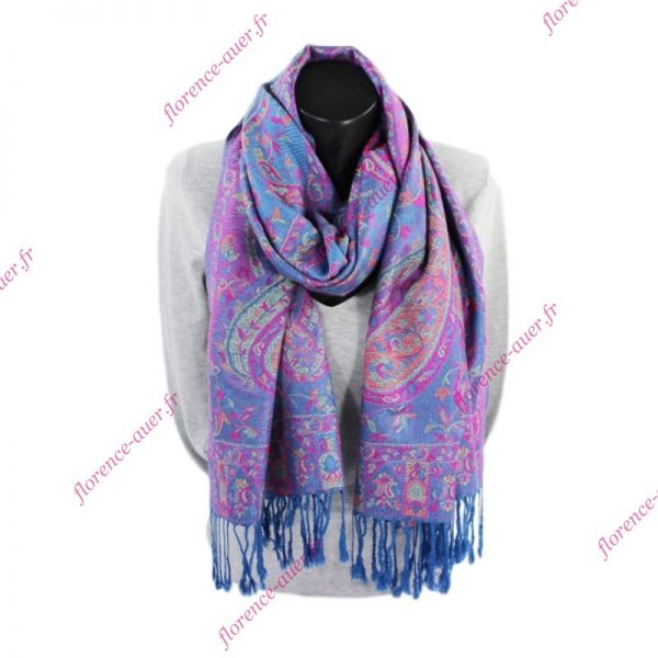 Grand foulard-écharpe bleu et multicolore motif cachemire indien arabesques fleurs