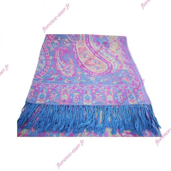 Grand foulard-écharpe bleu et multicolore motif cachemire indien arabesques fleurs