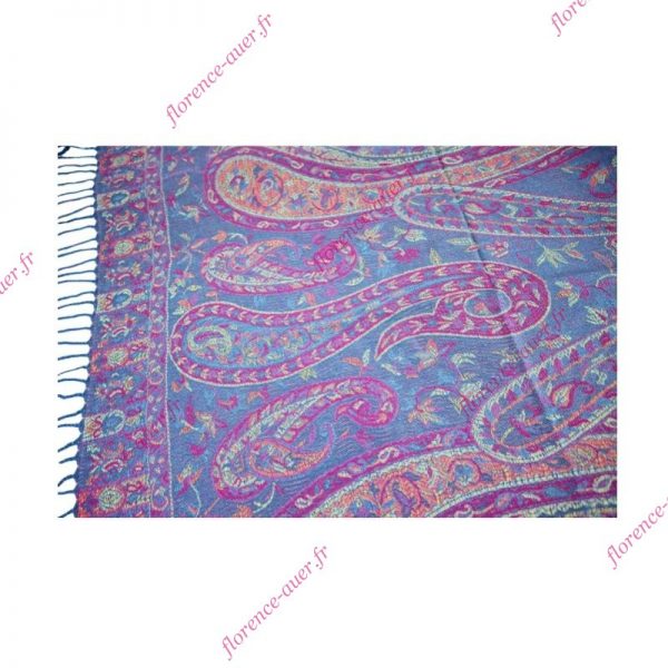 Grand foulard-écharpe bleu et multicolore motif cachemire indien arabesques fleurs