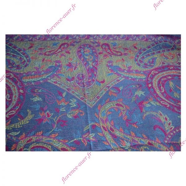 Grand foulard-écharpe bleu et multicolore motif cachemire indien arabesques fleurs